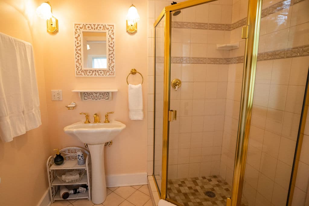 View of bathroom with shower, pedestal sink and toilet