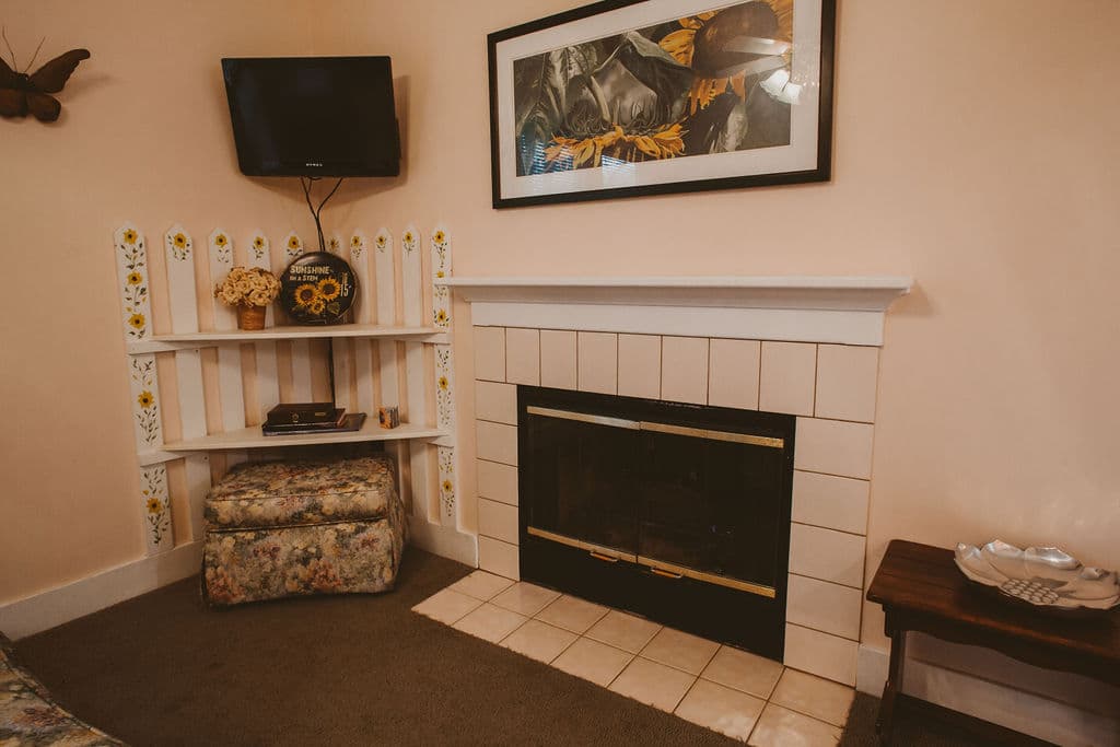 Gas fireplace with mantle, bookshelves and flat screen TV