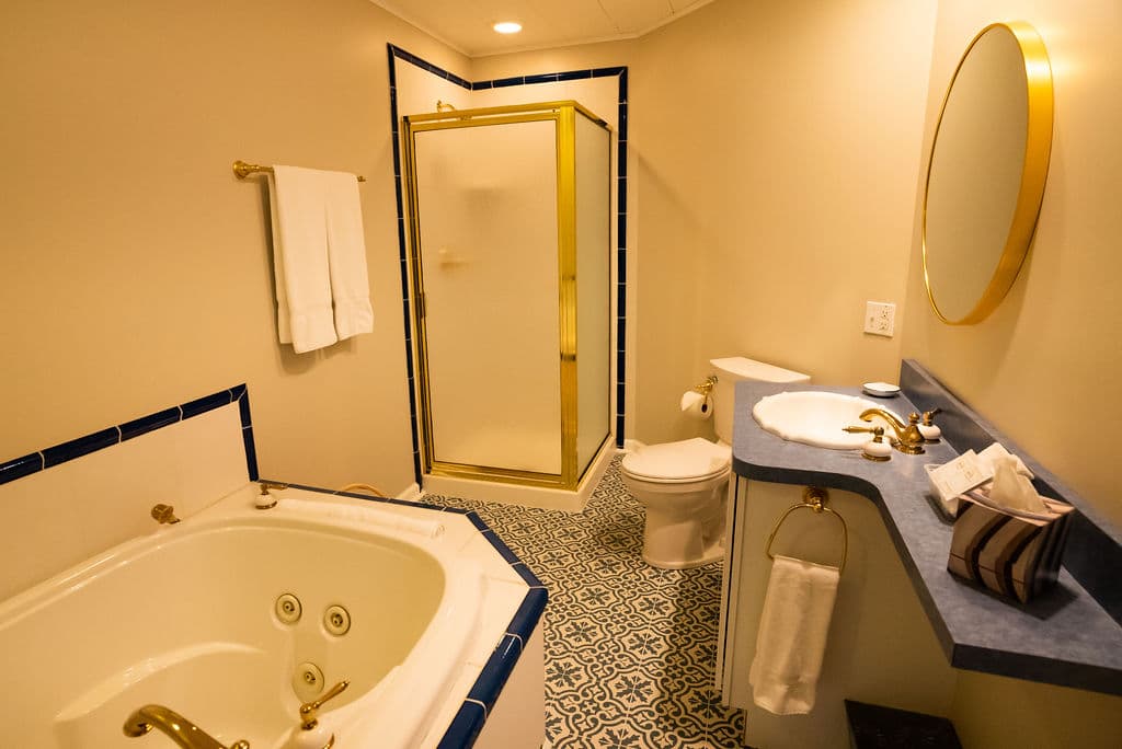 Double jacuzzi tub and separate shower in bathroom