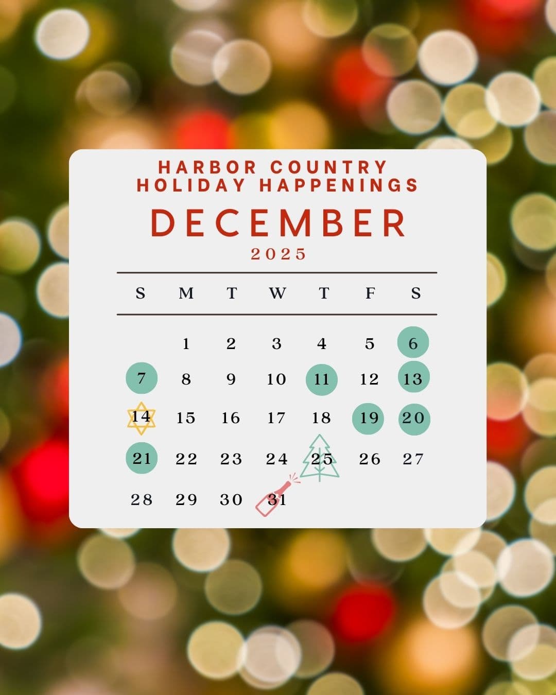 A calendar for December 2025 highlighting holiday events, with colorful bokeh in the background.