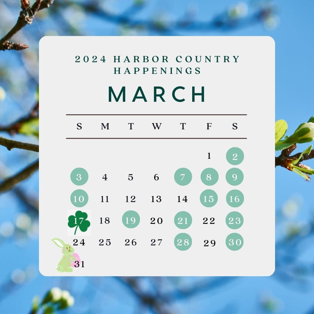 A March 2024 calendar for Harbor Country with highlighted dates and decorative symbols against a blue sky background.