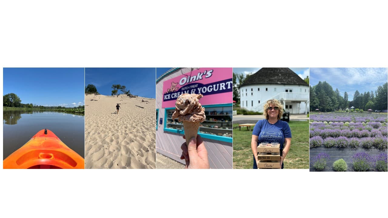 A collage showcasing outdoor activities including kayaking, exploring sand dunes, enjoying ice cream, and visiting a farm with lavender fields.